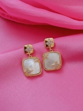 925 Silver Needle Geometrical Drop Earrings With Opalescent Inlay -Women Jewelry